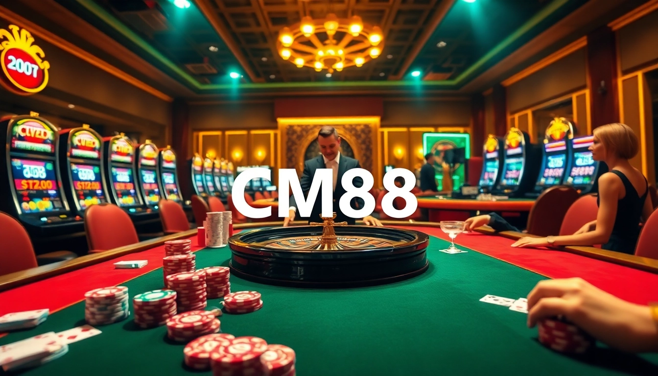 Experience the thrill of CM88 with vibrant casino tables, chips, and players at a luxurious casino.