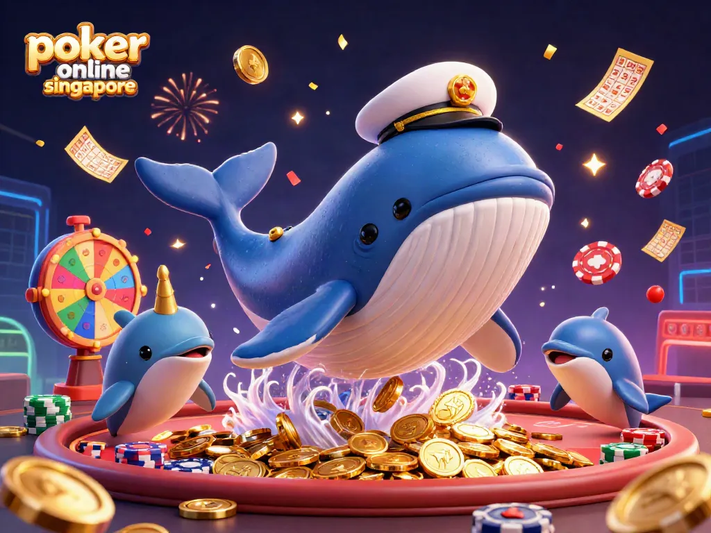 Engage with poker online singapore featuring a colorful, vibrant scene of playful dolphins and a whale in a casino atmosphere.