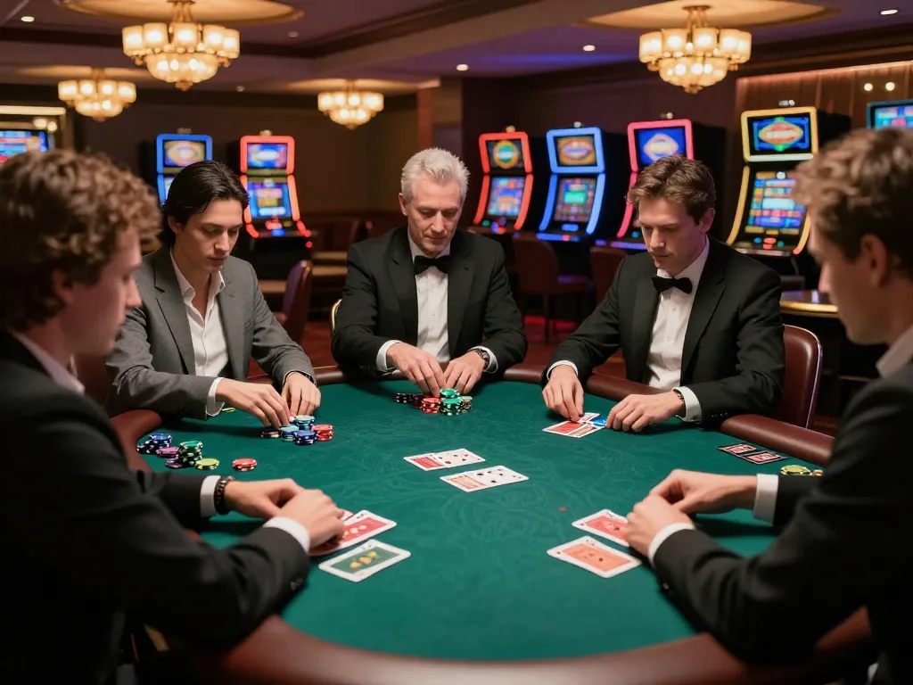 Fun88 poker players engaged in high-stakes game at elegant casino table, showcasing strategy and focus.