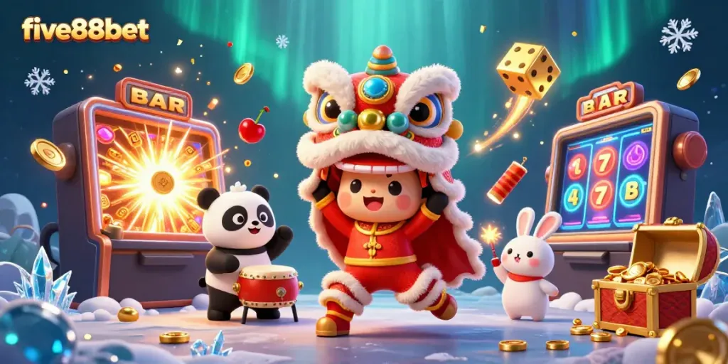Experience the excitement of five88bet with a lively slot celebration featuring dynamic casino elements and characters.