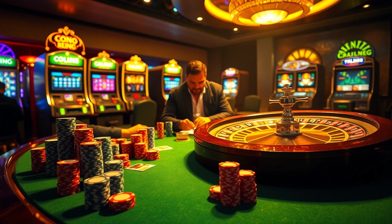 Xoilac players strategizing their bets at a vibrant casino table with poker chips and cards.