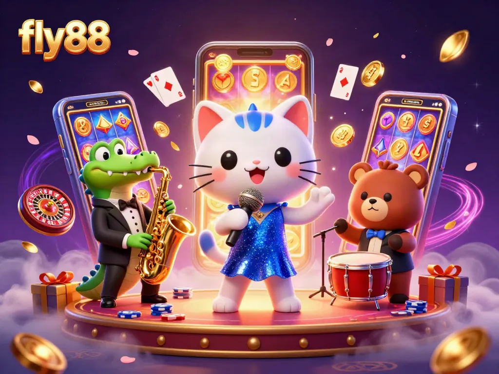 Engage in thrilling games at fly88, featuring cartoon characters in a vibrant casino setting.