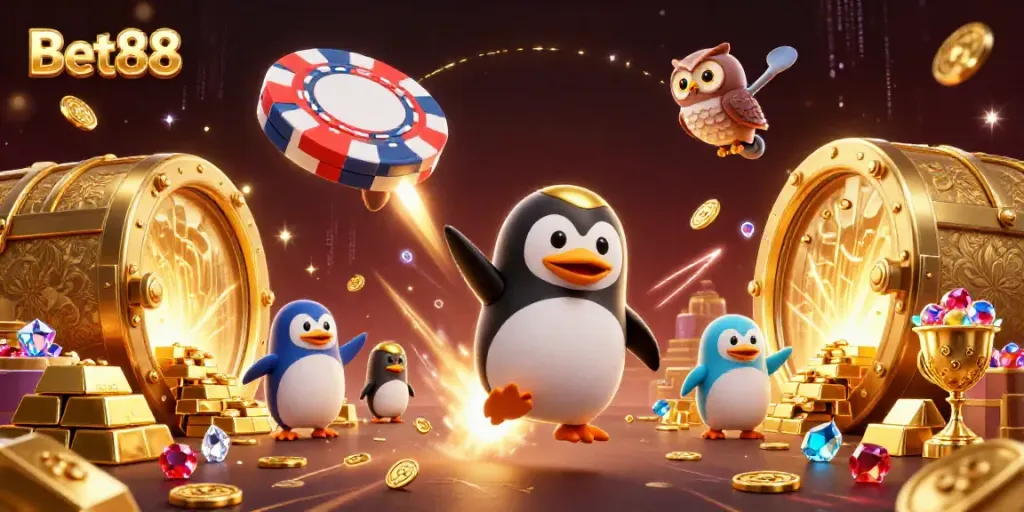 Bet88 features a captivating illustration of a golden penguin soaring toward a poker chip casino.