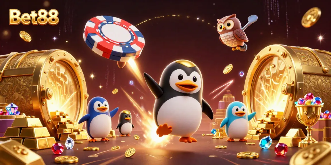 Bet88 features a captivating illustration of a golden penguin soaring toward a poker chip casino.