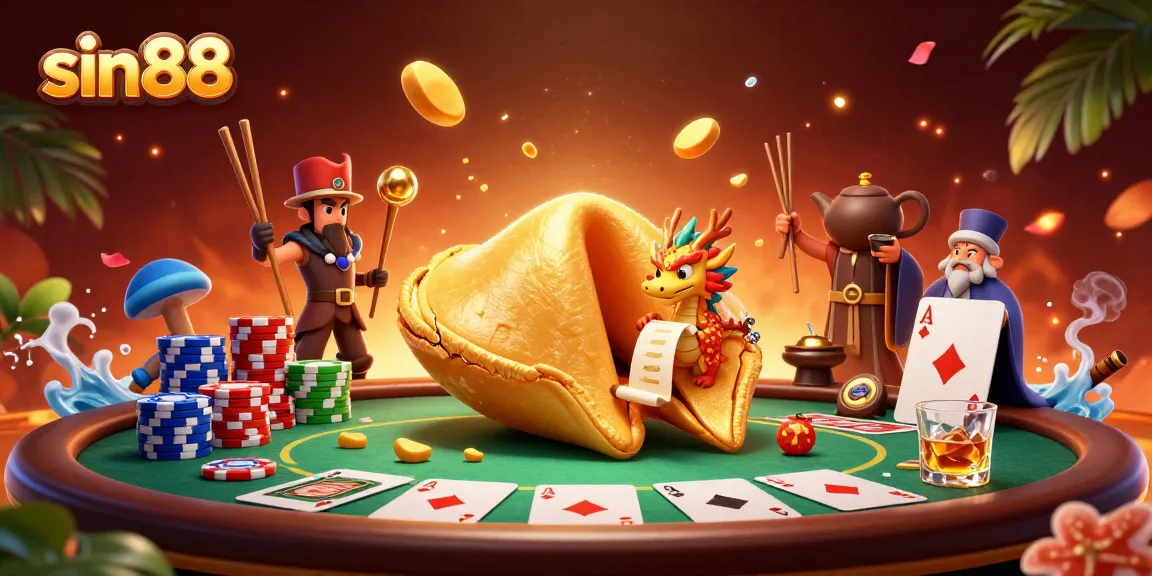 Experience sin88 excitement with a dynamic poker scene featuring fortune cookies and gaming elements.