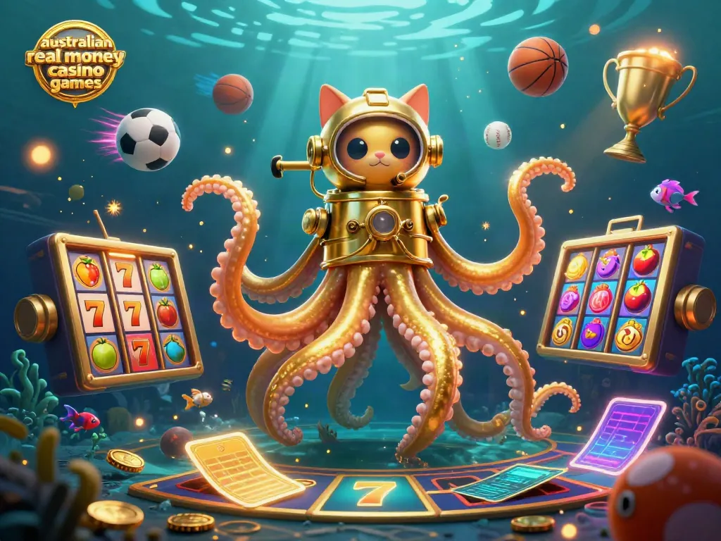 Experience thrilling australian real money casino games with vibrant characters in a treasure-filled underwater scene.