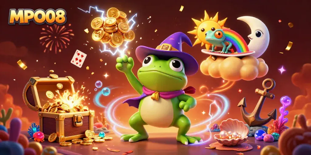 MPO08 showcases a magical scene with cartoon characters amidst a storm of coins in an exciting casino atmosphere.