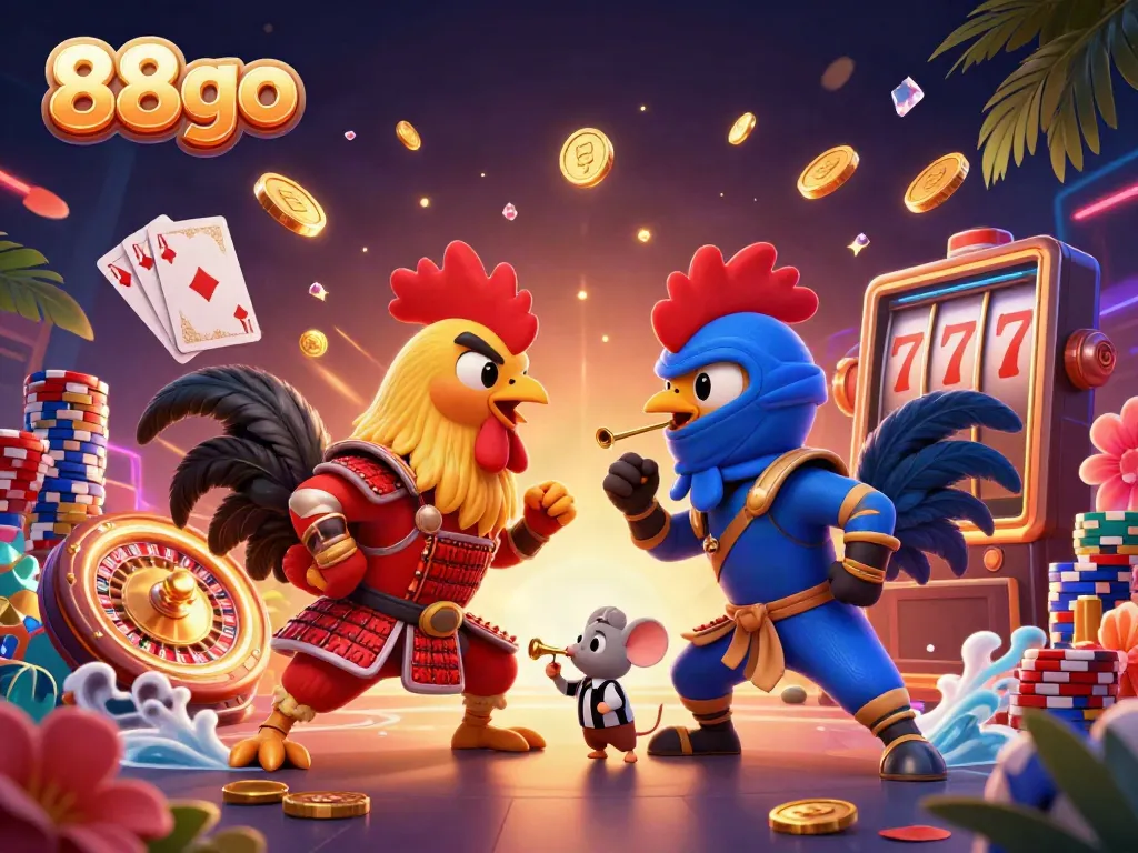 88go showcases a vibrant casino scene with dynamic roosters in battle amidst flying coins and poker elements.