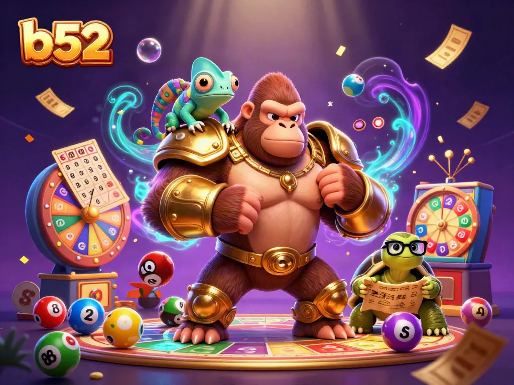 Engage in winning strategies with b52 themed casino illustration featuring vibrant characters and dynamic game elements.