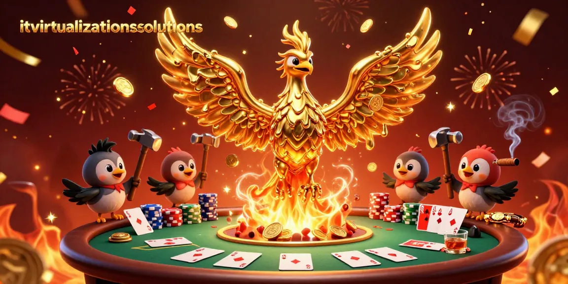 Engage in thrilling gameplay with itvirtualizationsolutions as molten gold coins rain down from a phoenix in this vibrant casino scene.