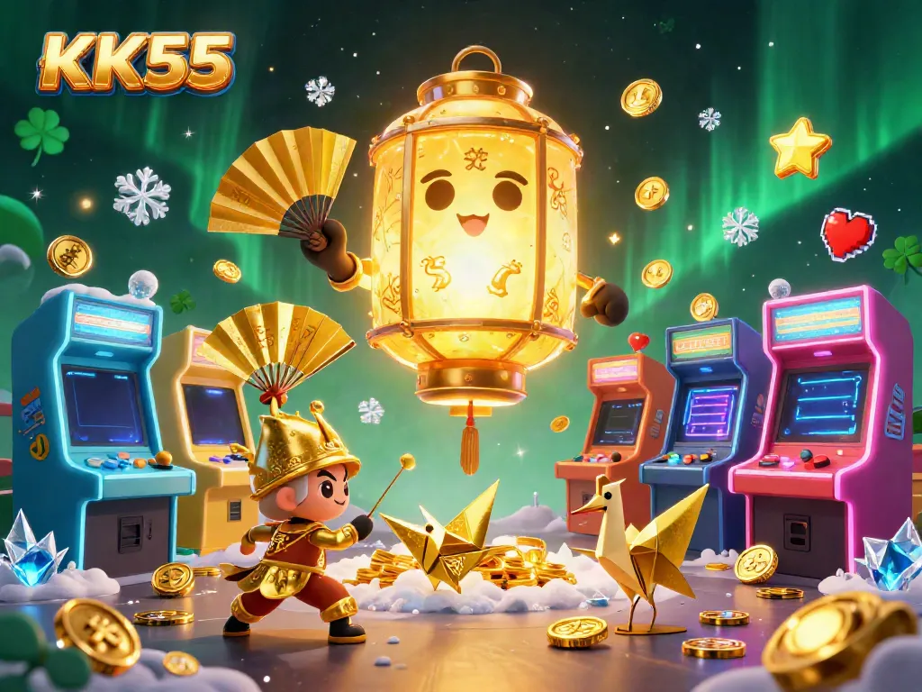 Experience the vibrant energy of KK55's online casino with a golden lantern spirit and dynamic gaming elements.