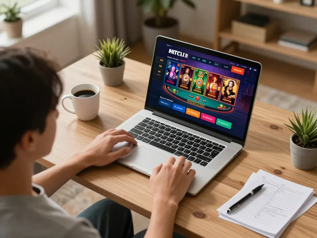 Engaging with the cổng game HITCLUB at home, showcasing dynamic gaming experience on a laptop.