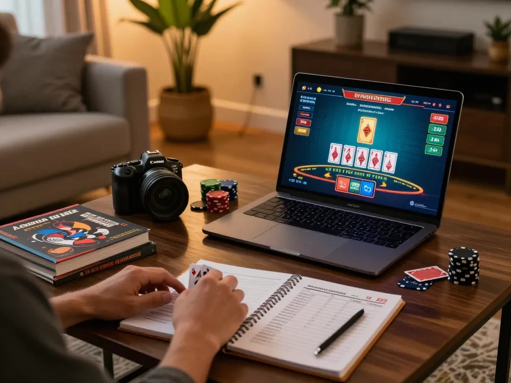 Surebetsg player enjoying live blackjack on a laptop, surrounded by strategy notes and warm lighting.