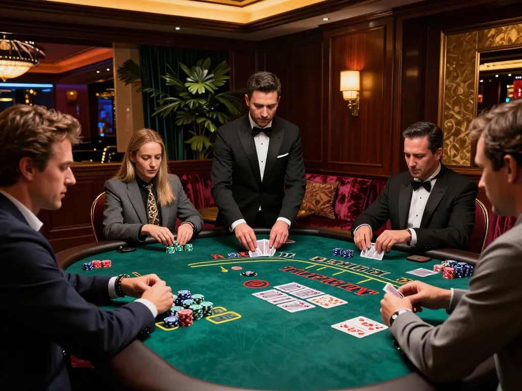 Engaged players at 789wincom's blackjack table in an upscale casino suite.