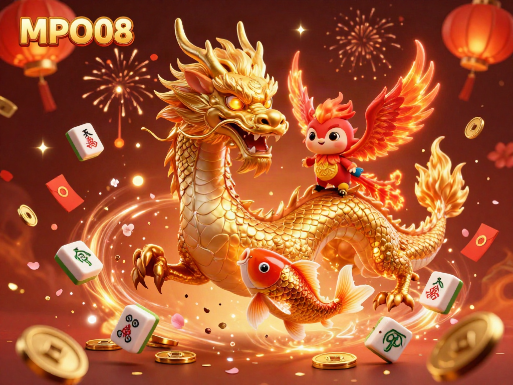 Feel the excitement of MPO08 as a golden dragon, phoenix, and koi fish celebrate with fireworks.