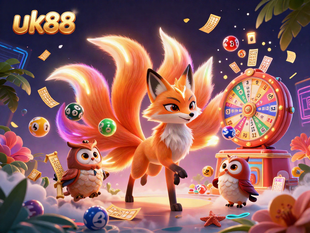 Join the excitement at uk88 with a colorful scene of games and lottery elements featuring a nine-tailed fox spirit.