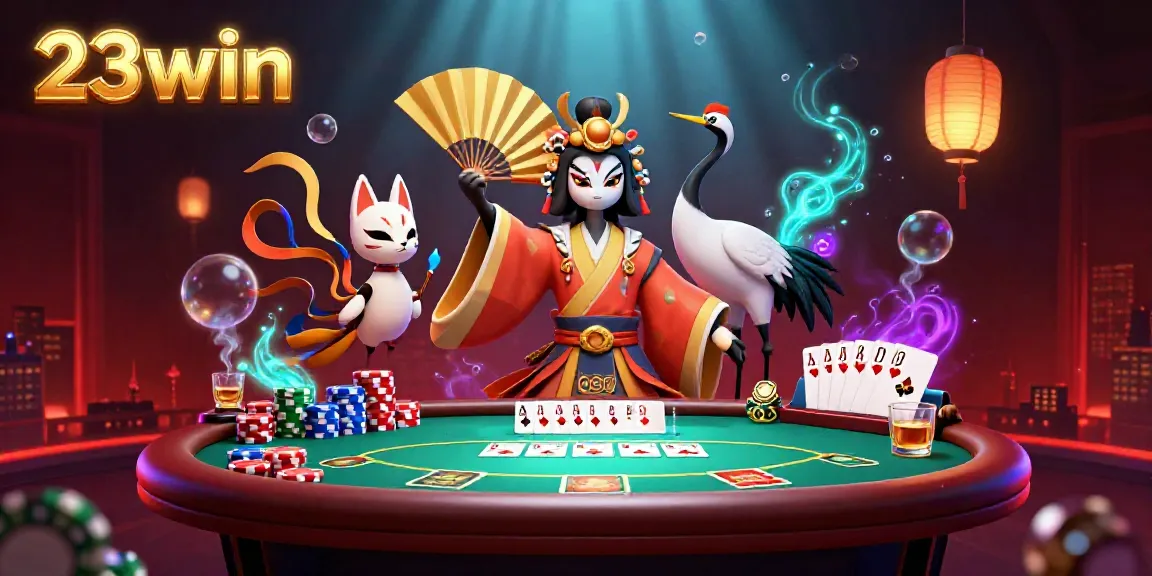 Experience the thrilling scene of 23win live casino action with colorful poker chips and a majestic kabuki warrior.