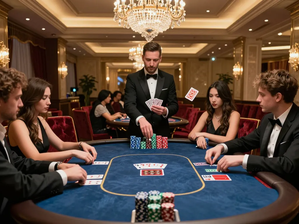 Engaging players at a rokok88 slot poker game in a luxurious casino ambiance.