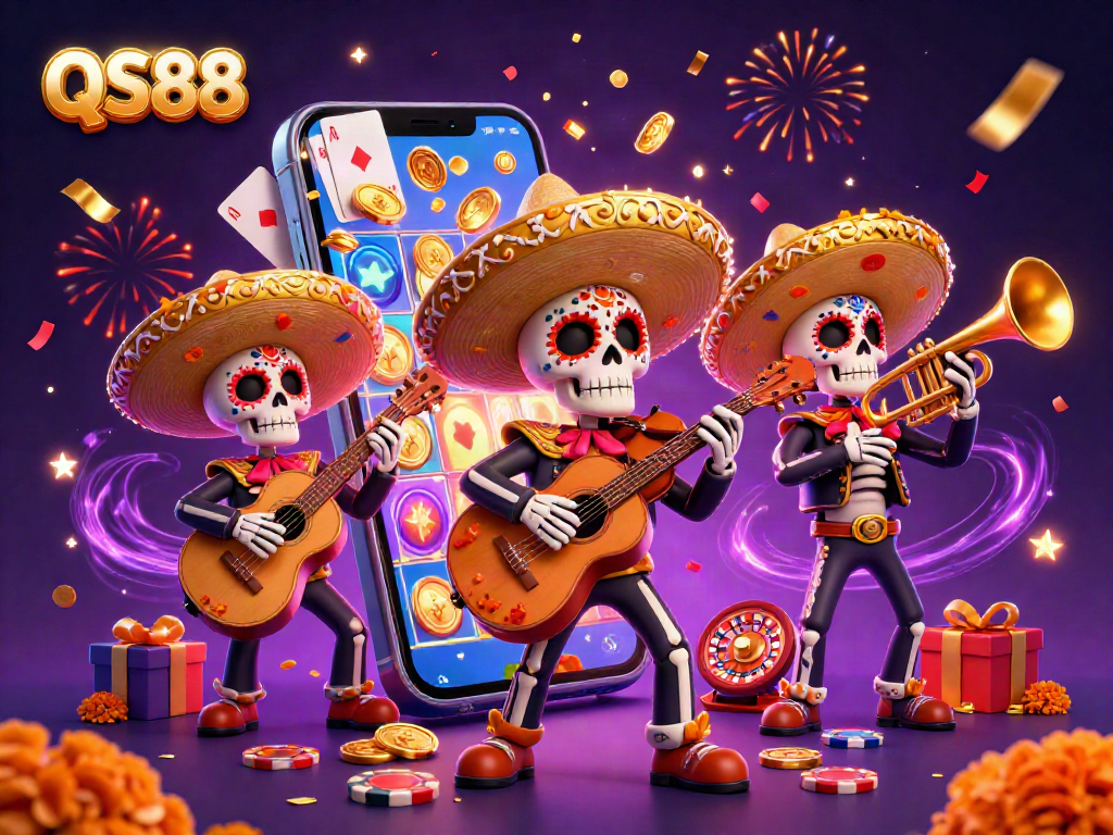 Experience the vibrant QS88 casino scene with mariachi skeletons celebrating, surrounded by gaming excitement.