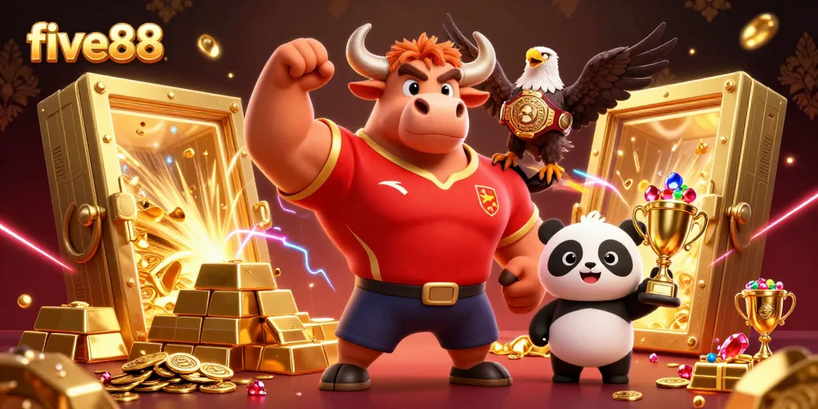 Experience the thrill of winning big with five88 while vibrant mascots celebrate at a dynamic casino.