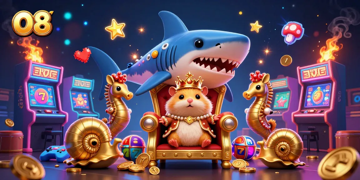 Engage with O8's casino adventure featuring a hamster king on a megalodon throne surrounded by vibrant game elements.