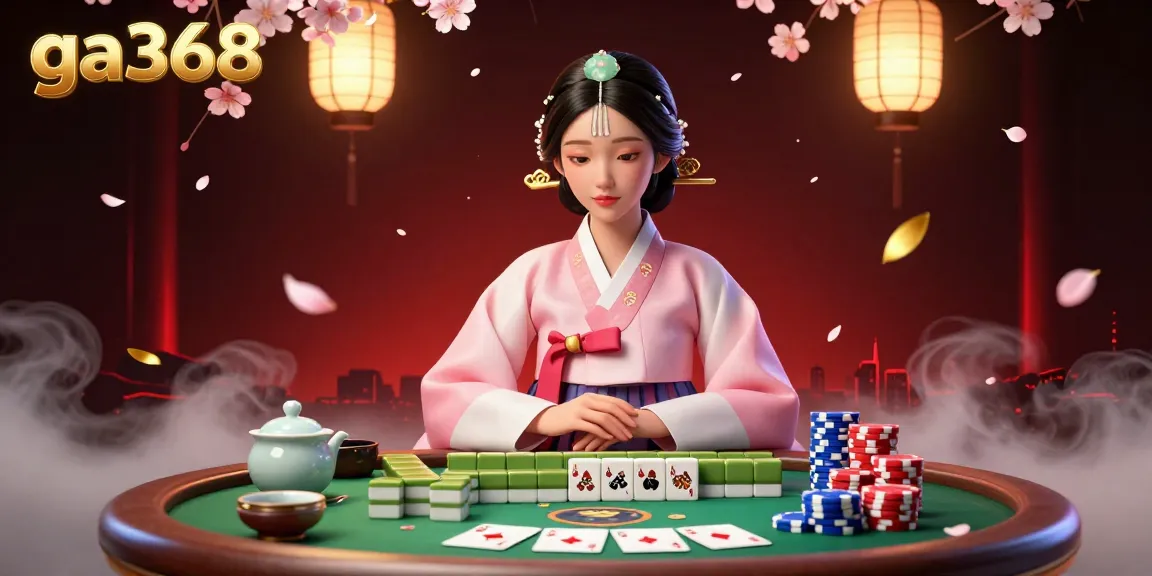Engage in thrilling action at ga368 with an elegant Asian woman surrounded by poker elements and rich casino visuals.