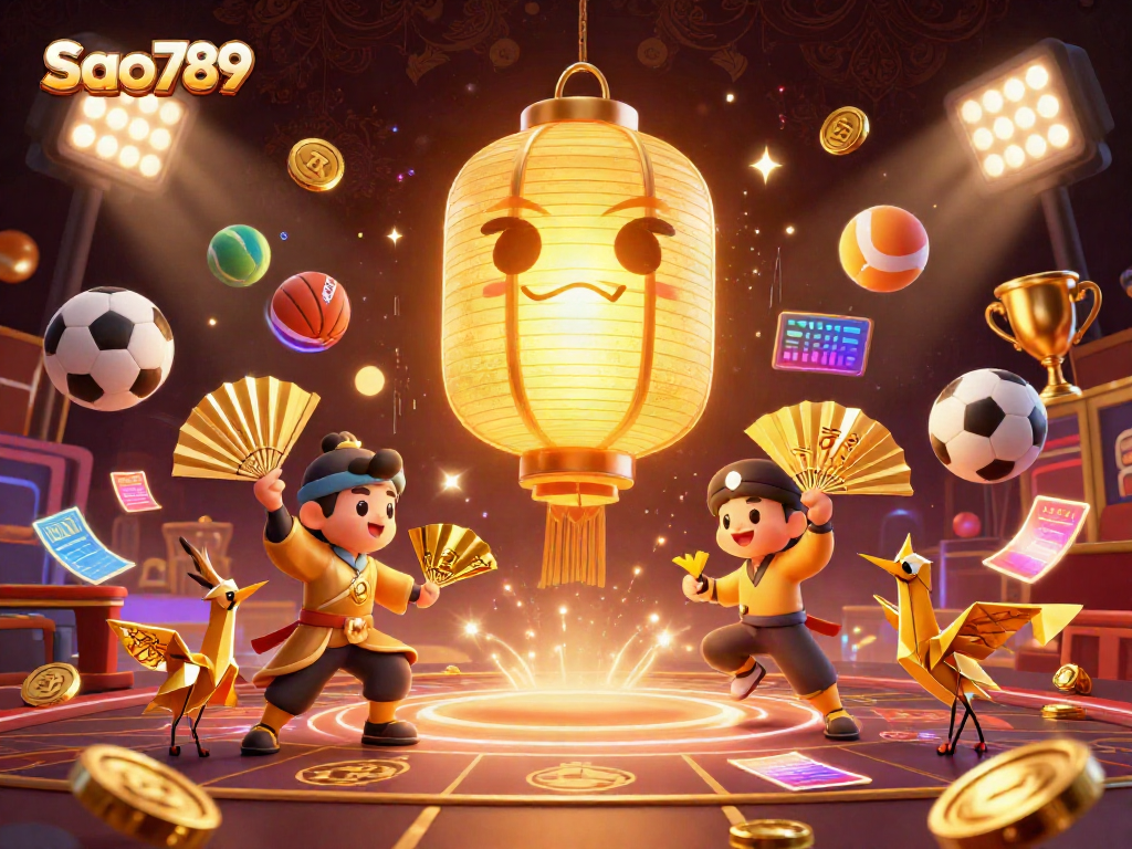 Sao789's vibrant online casino scene featuring a glowing lantern spirit and dynamic sports elements.
