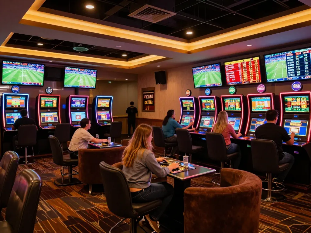Kèo nhà cái sports betting lounge with patrons excitedly placing bets and viewing real-time odds updates.