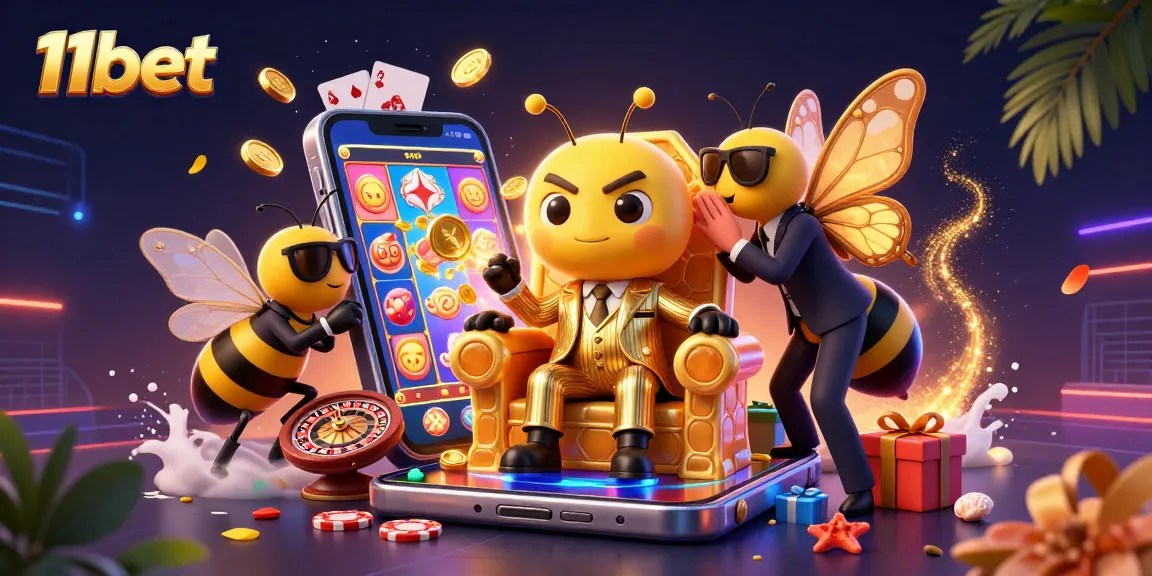 Engage with 11bet's captivating gaming scene featuring the bumblebee mob boss amidst vibrant slot game elements.