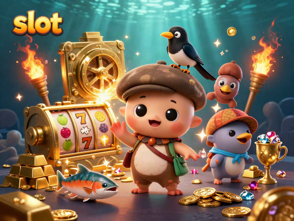Play slot games with baby Nessie and friends in a lively casino scene filled with treasures.