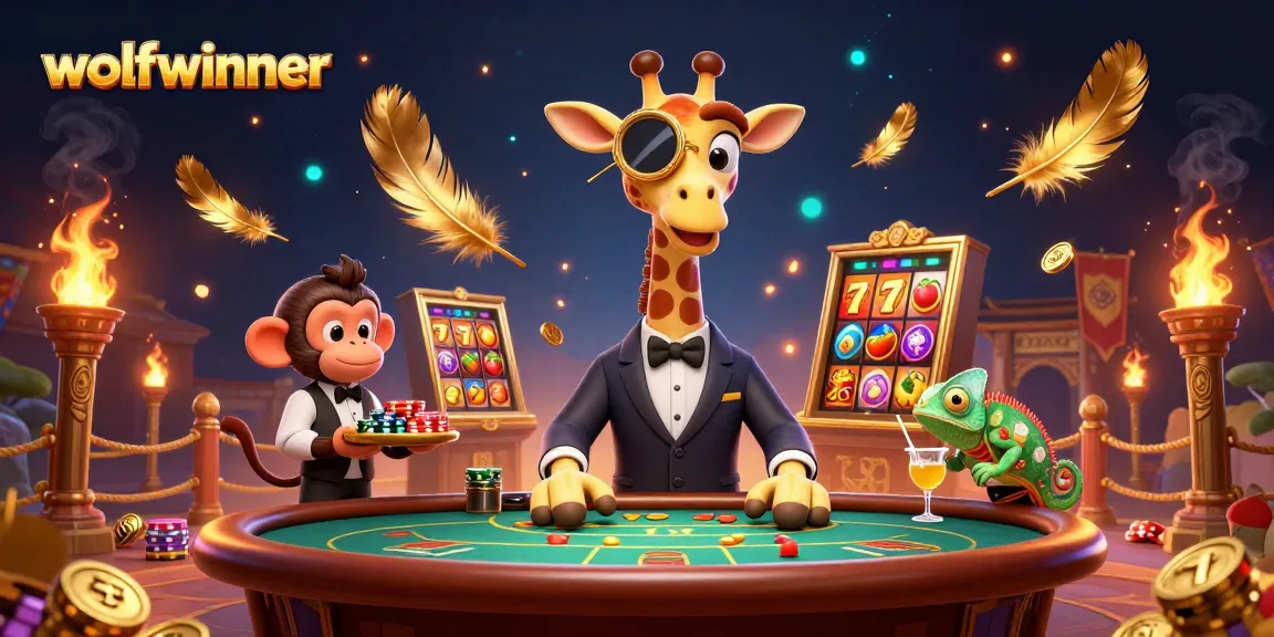 wolfwinner Giraffe in suit leads a vibrant casino scene with a monkey valet and chameleon bartender.