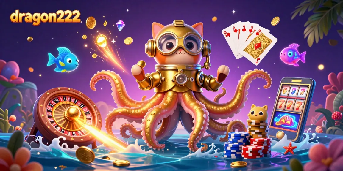 Experience the excitement of dragon222 with a kraken and diving cat surrounded by colorful casino elements.