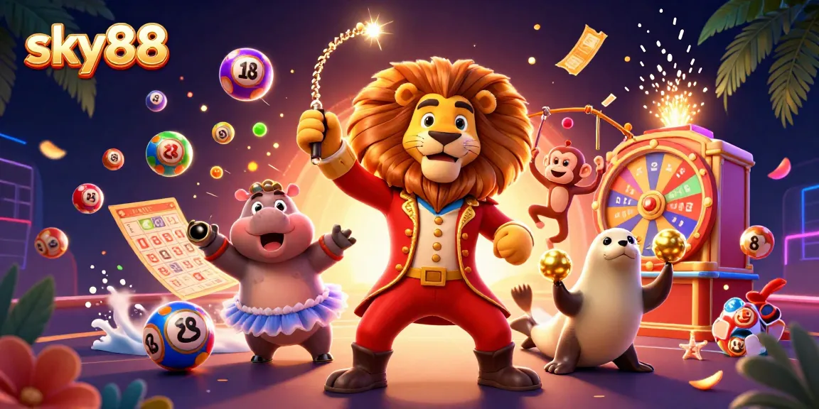 Experience the excitement at sky88 casino with vibrant games and lively characters in this dynamic illustration.