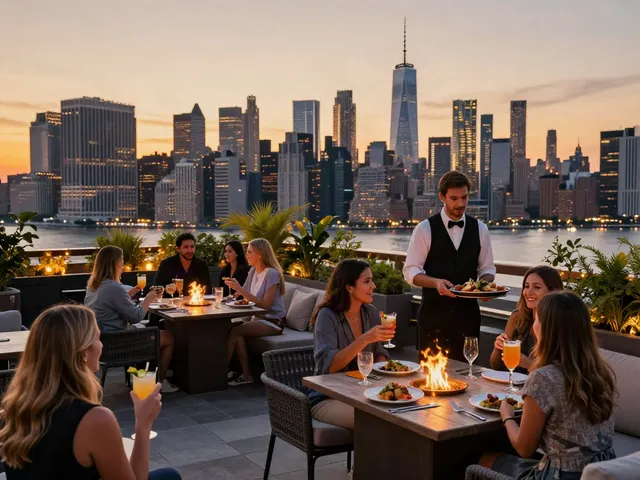 Guests at NoHu rooftop bar enjoying cocktails and skyline views.