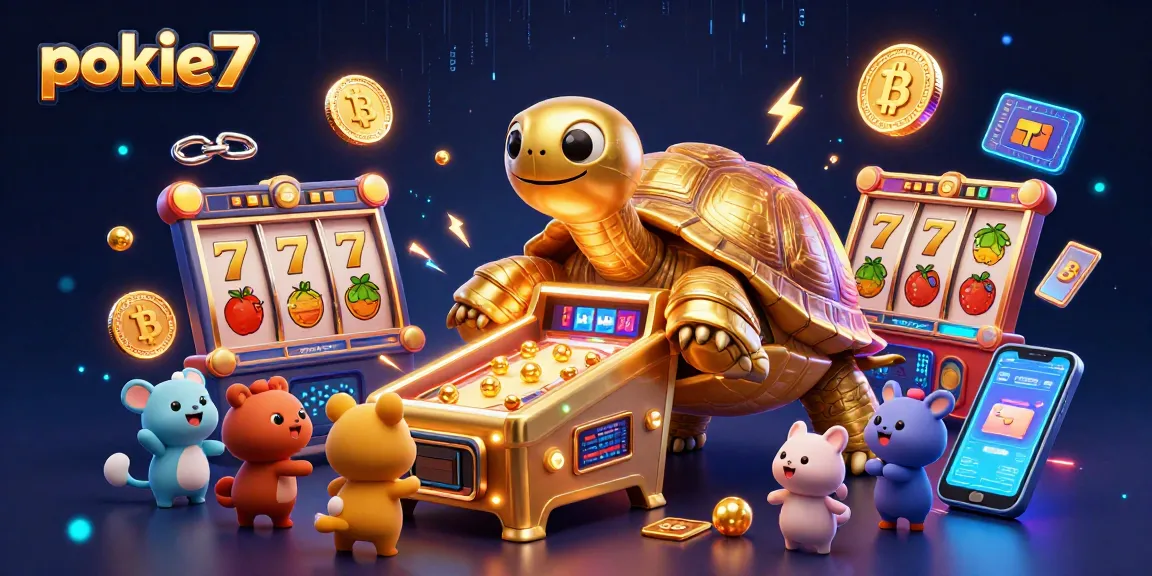 Spin the reels of pokie7 as a vibrant tortoise-shaped pinball machine attracts eager players.
