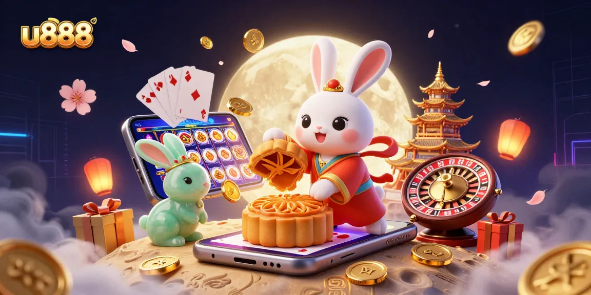 Win with u888 while enjoying vibrant moon rabbit casino adventure featuring slots and poker chips.