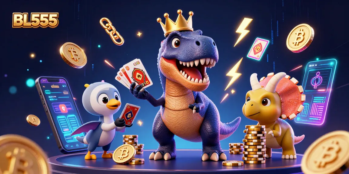 Engage with BL555's thrilling casino world featuring a T-Rex shuffling cards and vibrant crypto elements.