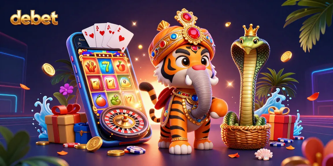 Experience the thrills of debet with vibrant slot games and lively casino elements in a dynamic 3D illustration.