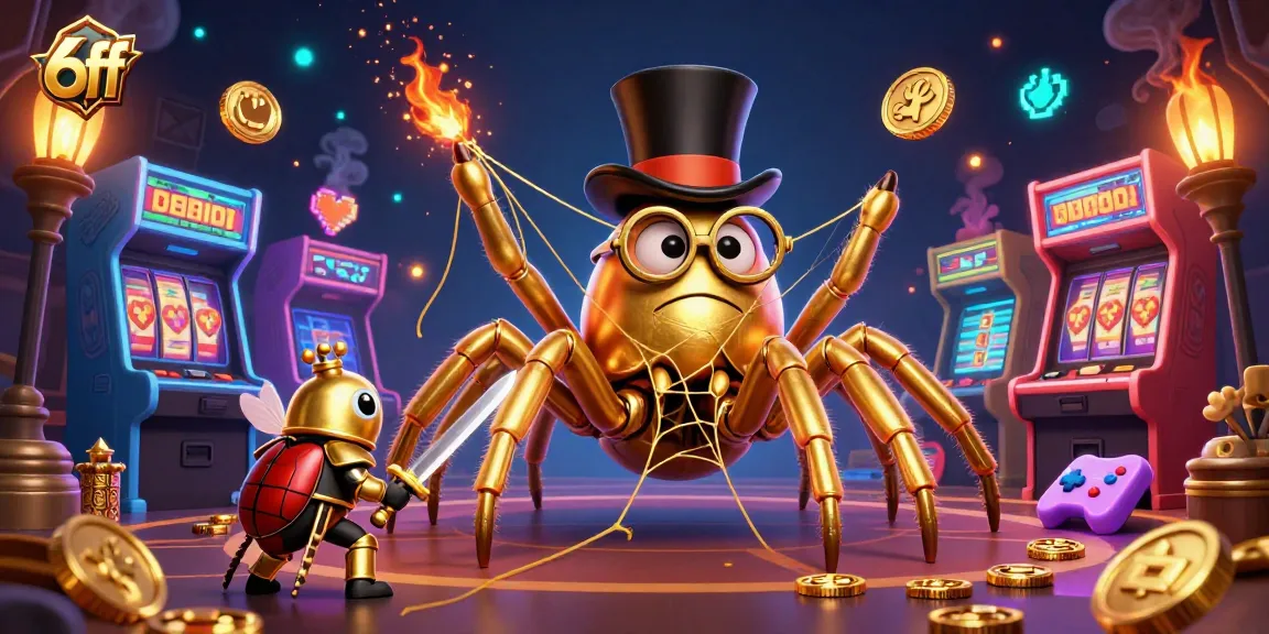 Experience the excitement of 6ff in a vibrant cartoon scene with golden tarantula and beetle knight.