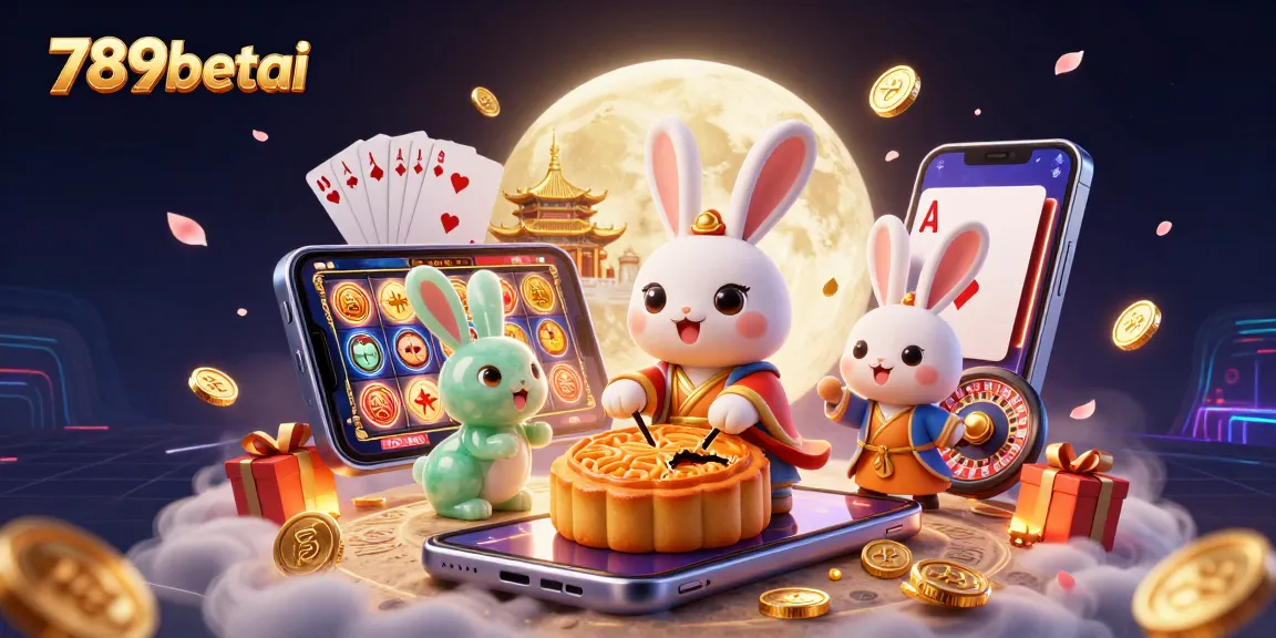 Engage with 789betai, where the lunar rabbit reveals poker chips from mooncakes amidst festive gambling elements.