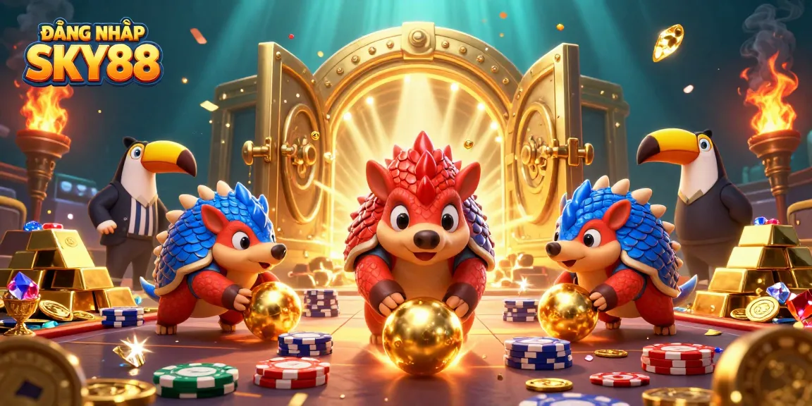 Increase your chances with ĐĂNG NHẬP SKY88 at this vibrant casino scene featuring rival pangolins!