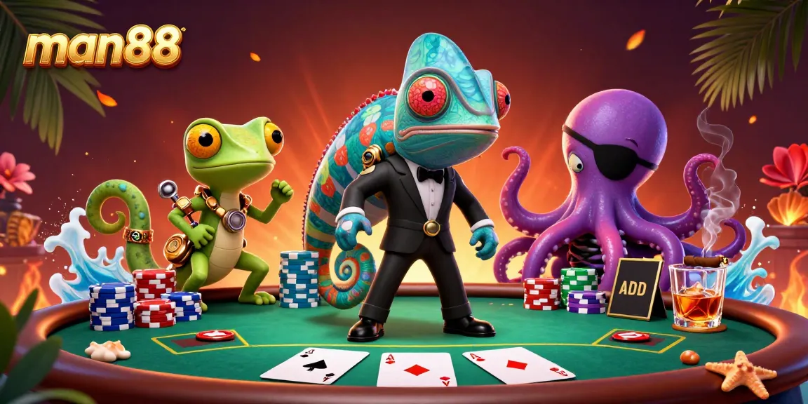 Man88 showcases a vibrant poker scene with a colorful chameleon, gadget-equipped gecko, and eye-patched octopus.