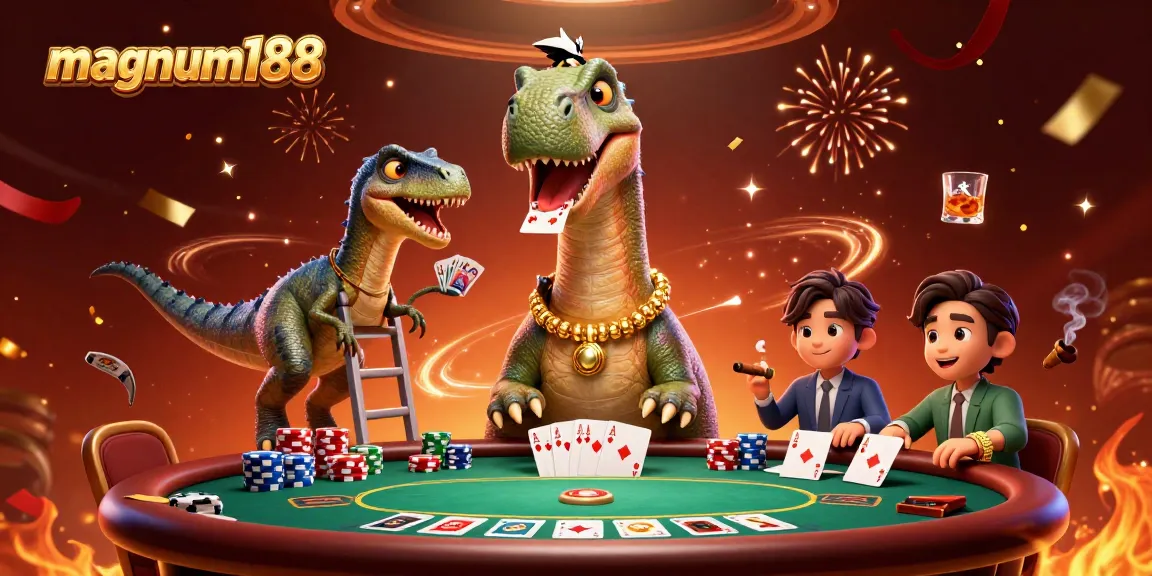 Experience the excitement of magnum188 with a playful brontosaurus and clever raptor at a vibrant poker scene.