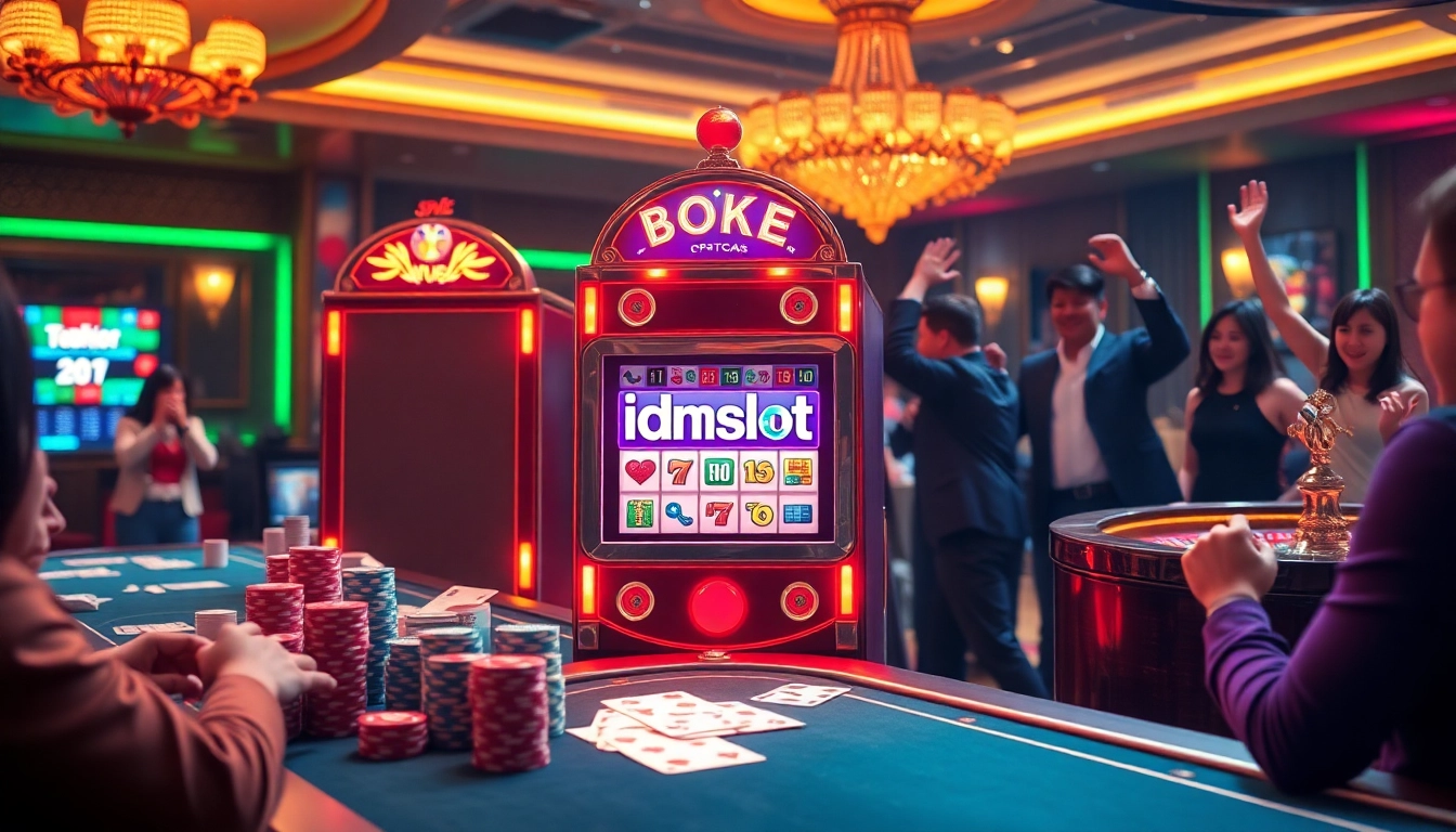 Exciting scene showcasing an idnslot machine in a vibrant casino, surrounded by poker chips and a roulette wheel.