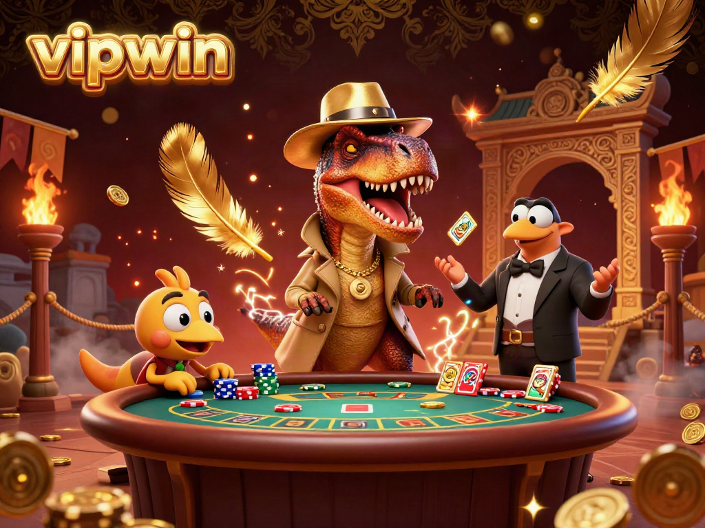 Engage in an electrifying game scene with vipwin, featuring a velociraptor card counter and a stegosaurus pit boss in a vibrant casino atmosphere.