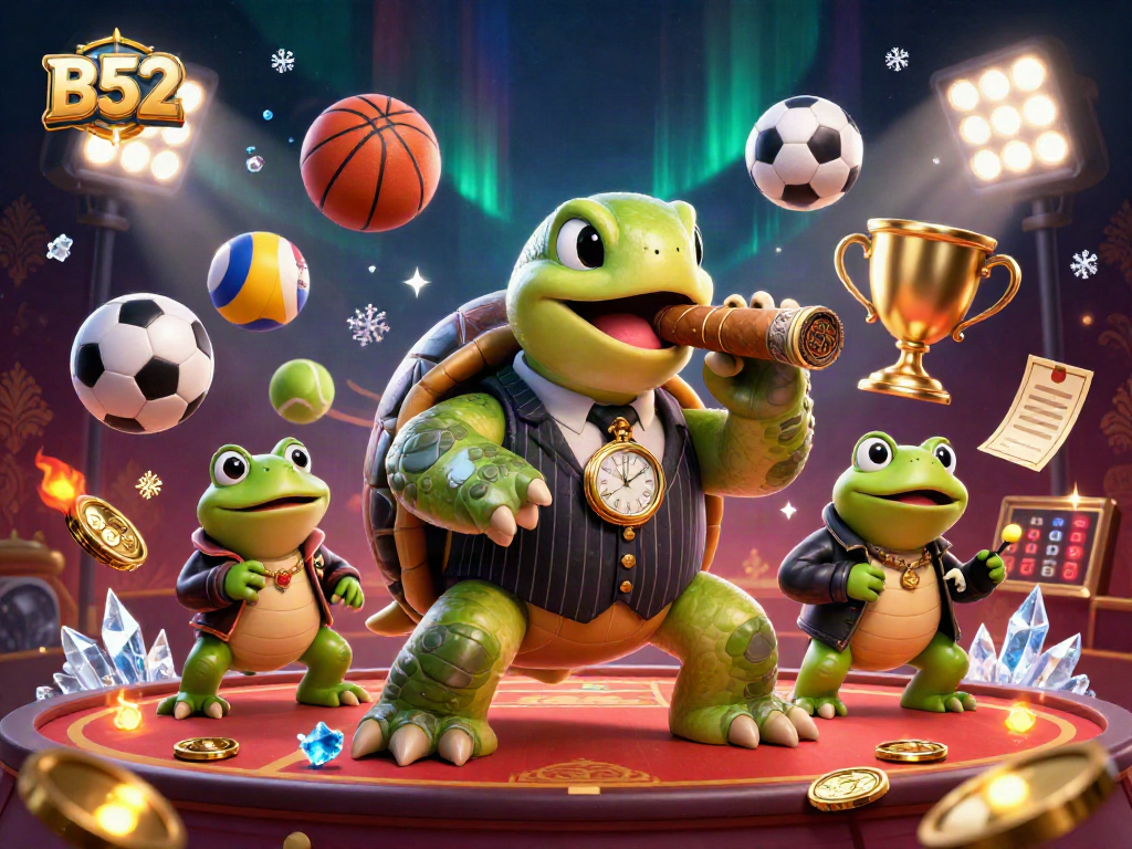 B52 casino scene featuring a turtle and bullfrog characters amidst dynamic sports elements and lights