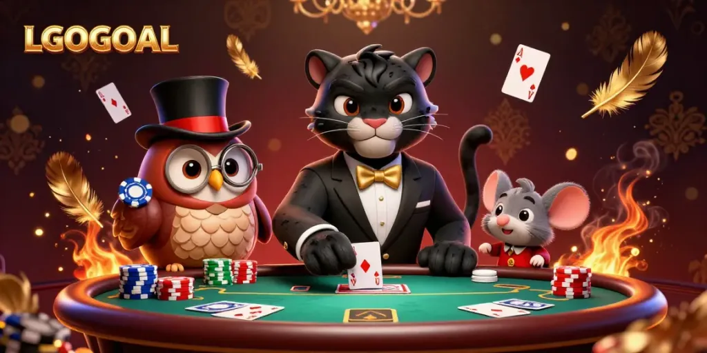 Experience the thrill of poker with LGOGOAL as a stylish panther deals cards surrounded by vibrant casino elements.