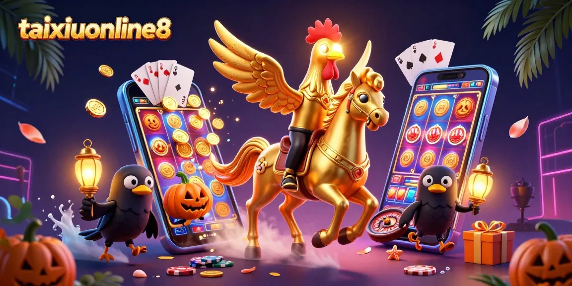Experience excitement with taixiuonline8's thrilling golden rooster in a vibrant casino scene filled with dynamic games.