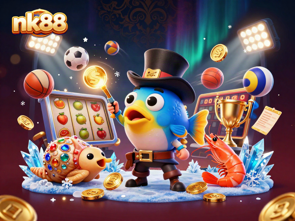 Win big with nk88 as the anglerfish lures golden coins amidst vibrant casino elements.