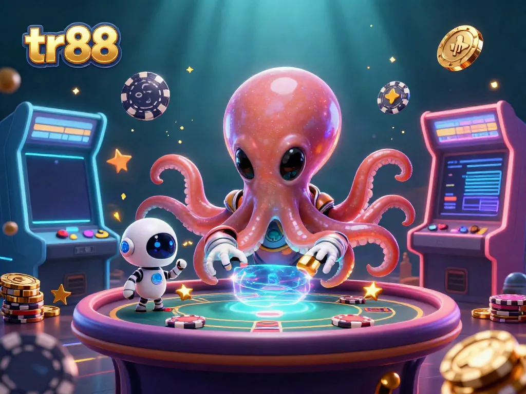 Experience thrilling poker gameplay in a vibrant tr88 casino scene with a colorful octopus dealer.